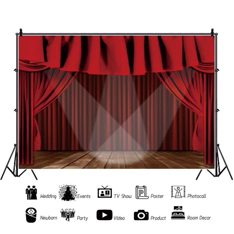 Renaiss 7x5ft Red Theater Stage Backdrop Velvet Curtain Spotlights Wooden Floor Music Theater Photography Background for Stage Show Baby Adults Wedding Portraits Photo Studio Props - Image 2